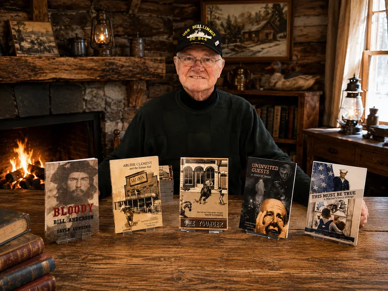 Gayle Lunning at home with his published books